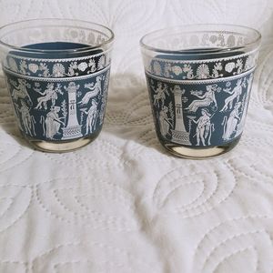 2 - Jeannette Corinthian VINTAGE TUMBLERS BLUE GLASS  8 OZ GREEK FIGURES